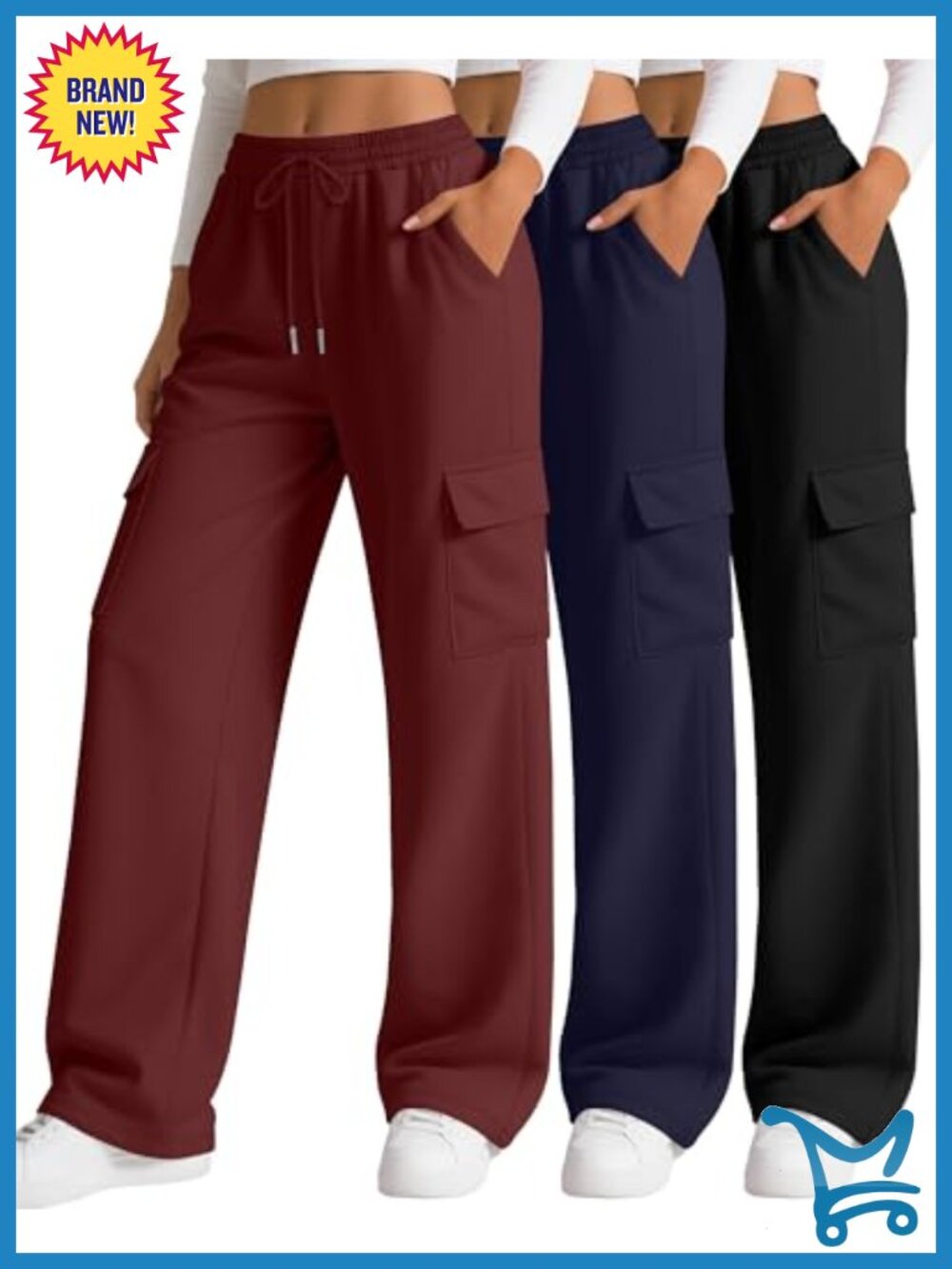 Women's Cargo Sweatpants Baggy Wide Leg Joggers 3 Pack Polyester Cotton